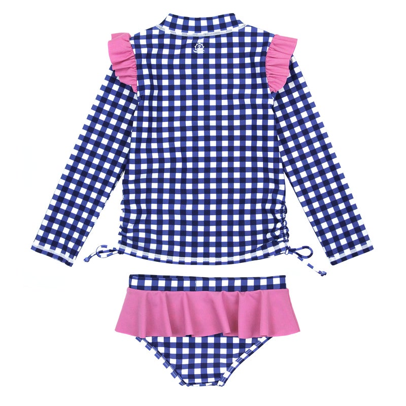 SwimZip Girls' Long Sleeve Rash Guard and Bikini Bottoms Swimsuit Set - UPF 50+ Navy Gingham - Image 5